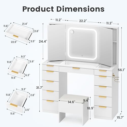 Fkhouse Glass Top Vanity Desk with Foldable Mirror and Lights, 11 Drawers Makeup Vanity with Charging Station, 3 Lighting Modes Dressing Table with Chair, White Fkhouse