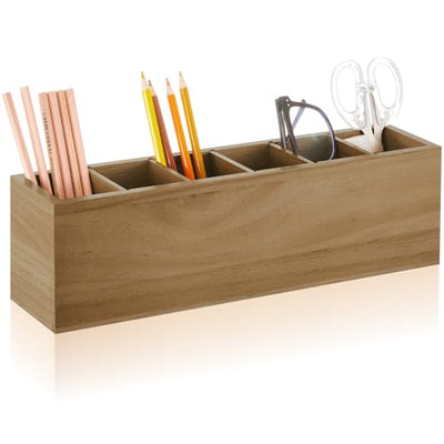 Jetec Wooden Pencil Pen Holder for Desk 6 Compartments Wood Office Desk Organizers for Countertop Adjustable Makeup Brush Organizer Silverware Caddy for Party, Home, Art Supplies(Wood Color)