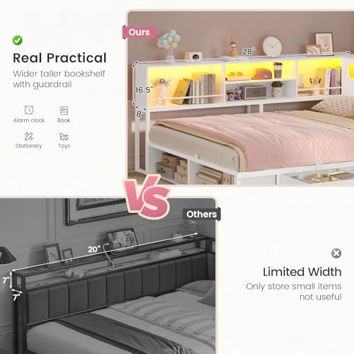 ADORNEVE Corner Bed Frame Full Size with Bookcase Storage & RGB Lights, Charging Station, Metal Daybed with 3 Drawers & 2 Open Cubbies, for Teens, Small Space, White ADORNEVE