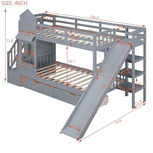 Ball & Cast Twin-Over-Twin Castle Style Bunk Bed,Wood Bunkbed w/ 2 Drawers and 3 Shelves,Full-Length Fence,Bedframe with Slide & Storage Ladder,Space Saving,Slat Support,for Child's Bedroom,Gray Ball & Cast