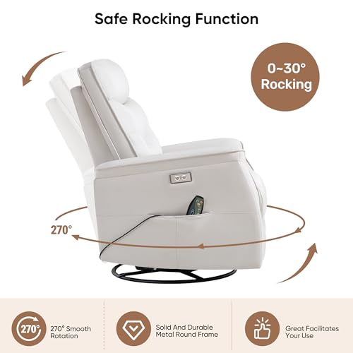 choairy Recliner Chair for Adults, Power Faux Leather Rocker Recliner Massage and Heat, Oversized Swivel Reclining Nursery Chair with USB Ports for Living Room, Office Beige