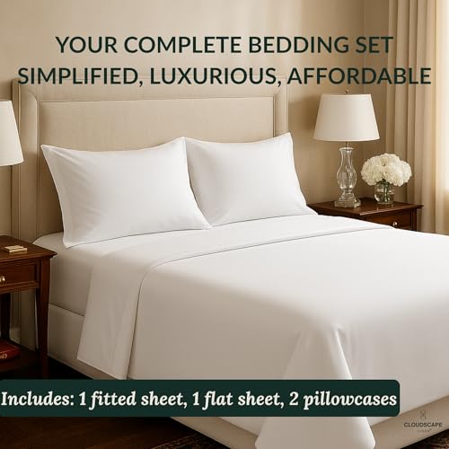 CLOUDSCAPE 100% Egyptian Cotton Queen Sheets - 400 Thread Count Extra Deep Pocket Sheets, Fits Upto Full Bed, All Season Durable Luxury Soft Cooling Cotton Bedding, Breathable Sheets-White CLOUDSCAPE LINEN