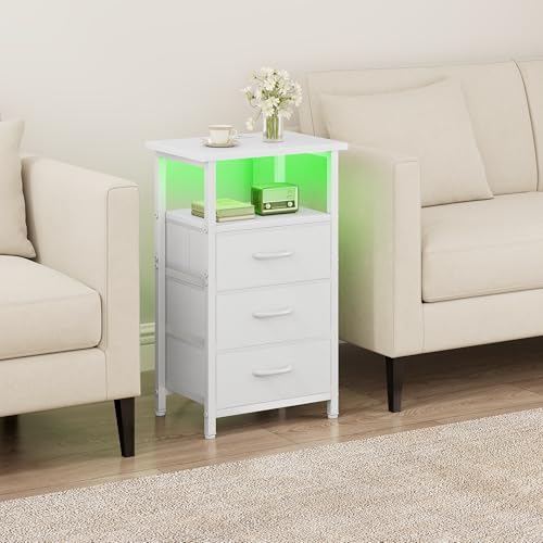 Vagusicc Night stand Set 2 with Charging Station, LED Nightstand for Bedroom, White Bedside Table with 3 Fabric Drawer, End Table Side Table with USB Ports & Outlets, Bed Side Table for Bedroom, White Vagusicc
