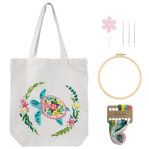 Nuberlic Canvas Tote Bag Embroidery Kit for Beginners Adults -Cross Stitch Kits Needlepoint with Sea Turtles Pattern Bag Reusable Eco-Friendly Shopping Bag
