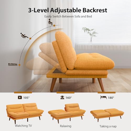 Pipishell Futon Sofa Bed, Modern 66" Futon Couch Convertible to Bed & Lounger, Compact Size, Corduroy Loveseat, Durable Construction - Fits Small Spaces, Apartments,Study Room (Yellow, 66 Inch) Pipishell