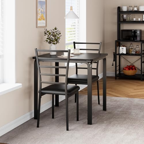 ELETHEBIA Dining Table Set for 2 Person Seat,Table with 2 Upholstered Chairs - Spacious Square Rounded Corner Top, Perfect for Apartment Living Room, Dining Room, Study, and Kitchen Workspace (Black) ELETHEBIA