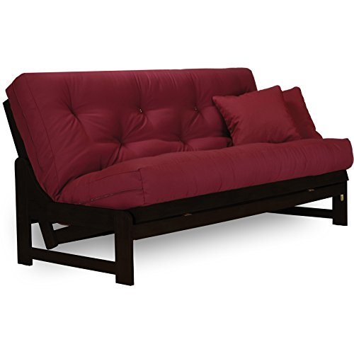 Arden Dark Espresso (Near Black) Futon Set Full or Queen Size - Armless Wood Futon Frame with Mattress Included (Twill Burgundy), Modern Sofa Bed Sleeper Nirvana Futons