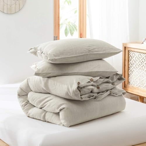 Simple&Opulence 100% Linen Duvet Cover Set, 3 Pieces Belgian Flax Breathable Bedding, 1 Comforter Cover+2 Pillowshams with Coconut Button Closure(Queen,Linen) Simple&Opulence
