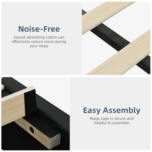 REVOMINCA Twin Upholstered Bed Frame with LED Lights, Faux Leather Platform Bed with Headboard and Wooden Slats Support, No Box Spring Needed, Noise-Free, Easy Assembly, Black REVOMINCA