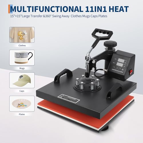 12 in 1 Heat Press Machine 15x15 Pro 30 oz Tumbler Attachment, 360° Swing Away | Industrial Quality Sublimation Press for T-Shirts, Tumblers, Mugs, Hats & Plates GarveeHome