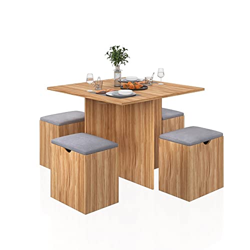 Mondeer 5-Piece Dining Table Set, Small Kitchen Table Set with 4 Stools Compact Space-Saving for Dining Room Kitchen Modern (Red Oak and Grey) Mondeer