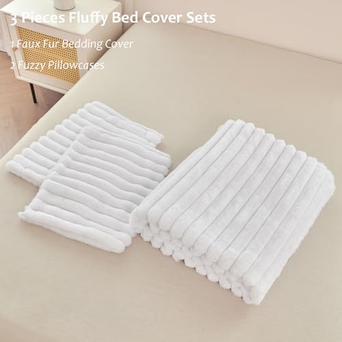 ANGIYUIN 3 Pieces White Duvet Cover Sets Twin Faux Fur Fluffy Bedding Cover Sets for Kids Girls Teens Soft Fuzzy Comforter Cover Sets for All Season(White Twin) ANGIYUIN