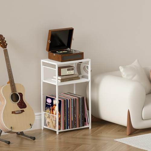 Aduanbang 3 Tier End Table,Record Player Stand with Storage Up to 100 Albums,Turntable Stand for Vinyl,White Records Shelf for Living Room Bedroom Aduanbang