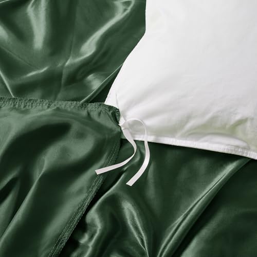 P Pothuiny 5 Pieces Satin Pintuck Duvet Cover Set, Silky Like Olive Green Pinch Pleat Duvet Cover Full/Queen Size Luxury Bedding Set with Corner Ties, 2 Pillow Shams + 2 Pillowcases (No Comforter) P Pothuiny
