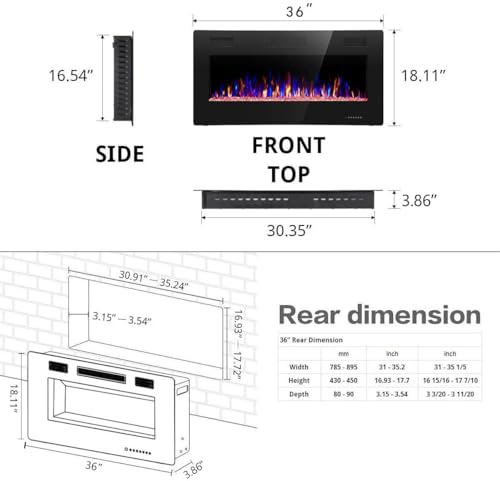 R.W.FLAME 36 inch Recessed and Wall Mounted Electric Fireplace, Ultra Thin ad Low Noise, Fit for 2 x 4 and 2 x 6 Stud, Remote Control with Timer,Touch Screen,Adjustable Flame Color and Speed R.W.FLAME