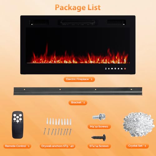 ROVSUN 36 Inch Electric Fireplace with Remote, 1500W Wall Mounted & Recessed Fireplace with Timer, 12 Flame Color, 5 Brightness, Crystal Set ROVSUN