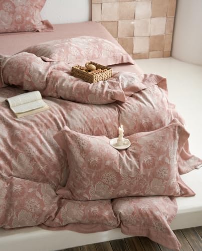 VM VOUGEMARKET Blush Pink Flower Duvet Cover Set Queen,3 Pieces Retro Jacquard Pink Floral Bedding Set,Linen Cotton Yarn-Dyed Textured Duvet Cover with Zipper Closure VM VOUGEMARKET