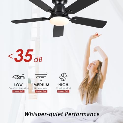 Ceiling Fans with Lights- 46" Low Profile Indoor Ceiling Fan with Light and Remote/APP Control, Flush Mount, LED Dimmable DC Reversible Modern Ceiling Fan for Bedroom(Black) Mpayel