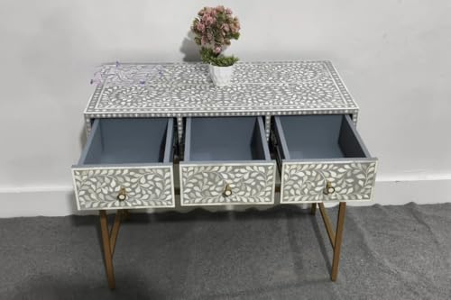 Bone Inlay Console Table with Gold Base, Gray and White Floral Pattern, 3 Drawers, Handcrafted Traditional Design Generic