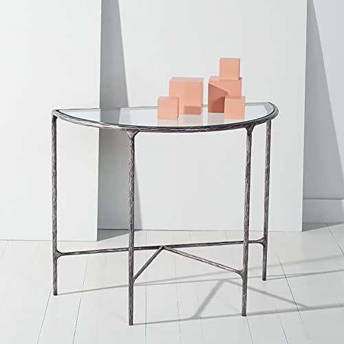 SAFAVIEH Couture Home Collection Jessa Silver Metal/Tempered Glass Top Half Moon Entryway Living Room Console Table (Fully Assembled) SAFAVIEH