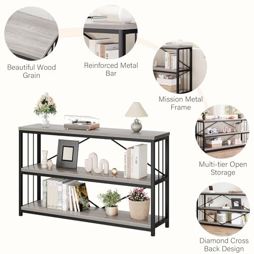 LVB Farmhouse Entryway Table, Metal Wood Console Table for Hallway, Industrial Rustic Sofa Table with 3-Tier Storage Shelf, Modern Entry Table for Foyer Front Home Living Room, Light Grey Oak, 47 inch LVB