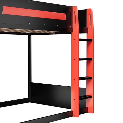 Polibi Full Over Full Bunk Bed with Built-in Desk, 2 Storage Shelves, USB & LED Lights, Solid Wood Frame, Gaming Loft Bed, Black+Red Polibi