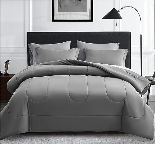 Maple&Stone California King Size Comforter Set 7 Pieces Bed in a Bag - Down Alternative Bed Set with Sheets, Pillowcases & Shams, Soft Reversible Duvet Insert,Grey Maple&Stone