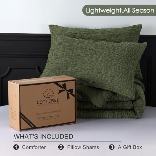 COTTEBED Reversible Chenille Cotton Queen Size Comforter Set, Luxury Textured Stripe Soft Modern Bedding 3 Piece Down Comforter and Sham Set, Lightweight All Season(Dark Olive Green,Full/Queen) COTTEBED