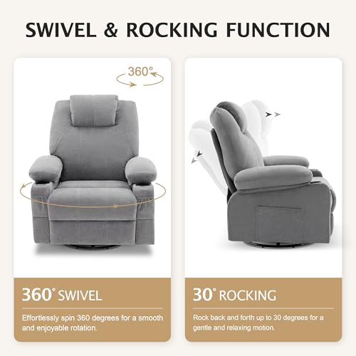 Weture Swivel Rocker Recliner Chair with Heat and Massage, 360 Degree Swivel Recliner Chair with Cup Holders and USB Port, Big Oversized Rocking Single Sofa for Living Room (Fabric, Cloud Grey)