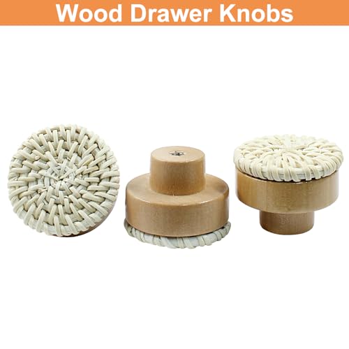 suiwotin 6pcs Rattan Dresser Knobs Boho Knobs, Natural Wood Wicker Woven Drawer Knobs, Wooden Knobs Decorative Cabinet Knobs Pulls Handles for Pantry, Cupboard, Furniture Knobs (White, Large) suiwotin