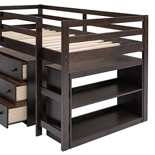 Harper & Bright Designs Twin Size Low Loft Bed with Rolling Portable Desk and Storage Cabinet, Wooden Low Study Loft Bed with Drawers, for Kids Teens Girls Boys - Espresso Harper & Bright Designs