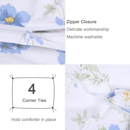 YINFUNG Blue Floral Cotton Duvet Cover Set Full White Yellow Flower Wildflower Cottage Botanical Summer French Country Girls Women Spring All Season Duvet Cover Zipper Aesthetic Bedding Set YINFUNG