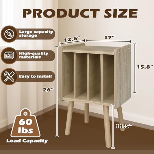 Record Player Stand, Vinyl Record Storage Table with 4 Cabinet, Mid Century Modern Turntable Stand, Organizer Vinyl Table for Bedroom Living Room, White Oak Montex