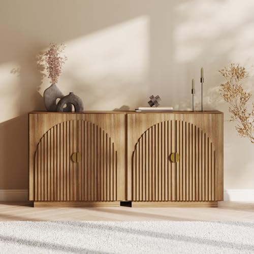 BELLEZE Modular Fluted Sideboard Buffet Cabinet with Storage, Mid-Century Modern Console Table with Symmetrical Arched Doors, Elegant Credenza for Dining Room, Kitchen, and Living Room, Caramel Brown BELLEZE