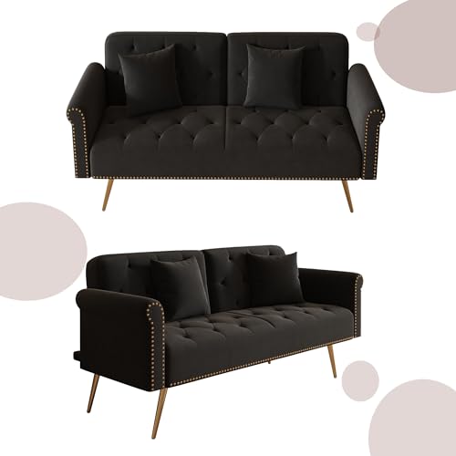 Modern Velvet 2 in 1 Futon Sofa Bed,Convertible Folding Sleeper Bed Couches with 2 Pillows,63" Tufted Recliner Love Seat with Golden Chrome Legs for Living Room Apartment Office (Black) Anwick