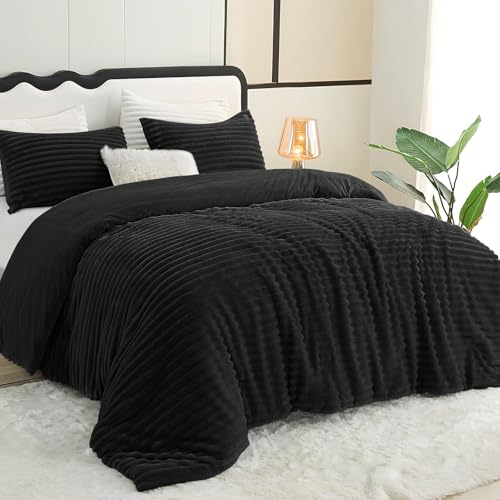 CozyLux Fluffy Full Size Comforter Sets - Super Soft Faux Fur Black Comforter Full Size, Winter Warm Fleece Bedding Set, 3 Pieces Plush Fuzzy Bed Set (1 Shaggy Comforter, 2 Pillowcases) CozyLux
