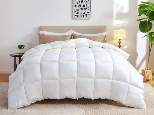 Pure Bamboo Duvet Insert Queen Size (90x92 in) - Ultra Soft Quilted Duvet Insert with 8 Corner & Side Loops, Double Stitching, Satin Piping - Luxuriously Soft (Queen, Heavyweight) Pure Bamboo