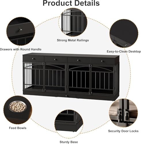 GAOMON Dog Crate Furniture for 2 Dogs, 78.7'' Large Dog Kennel Indoor with 4 Storage Drawers and Feeding Bowls, Double Dog Crate TV Stand for Small and Medium Dogs, Black GAOMON