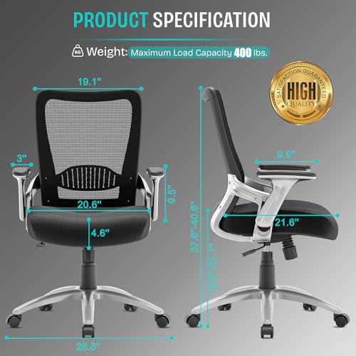 SUNNOW Office Chair, Ergonomic Computer Desk Chair, Sturdy Executive Task Chair - Adjustable Lumbar Support, Flip-up Arms, Tilt Function, Comfy Wide Seat, Swivel Mesh Home Office Desk Chairs (Black) SUNNOW