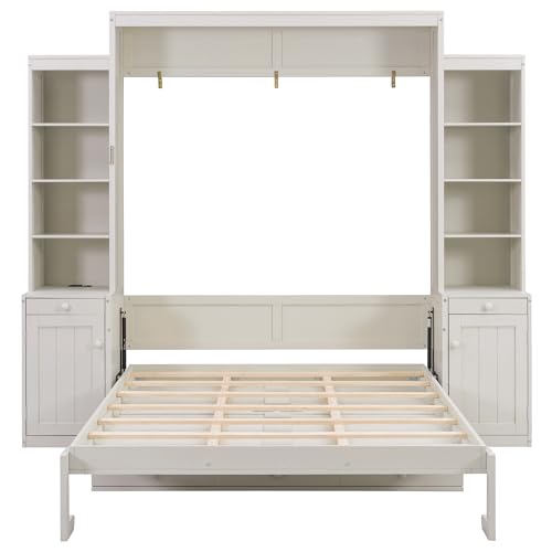 Brabrety Queen Size Murphy Bed with Desk & Storage, Space-Saving Wood Wall Bed with Drawers,for Apartments Bedroom Home Office Studio (White#B, Queen) Brabrety