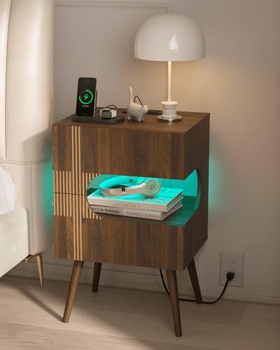 JOONEE Nightstand with Charging Station and LED Lights,Modern Bedside Table with 2 Storage Drawer,Night Stand with Solid Wood Legs,White (Walnut Brown) JOONEE