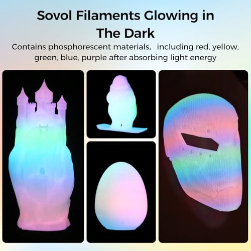 Sovol 3D Printer Glow in The Dark Filament Multicolor Fast Change PLA 1kg (2.2 lbs) Spool 3D Printing Materials, Dimensional Accuracy +/- 0.03 mm, 1.75 mm, Glow Multicolored Sovol