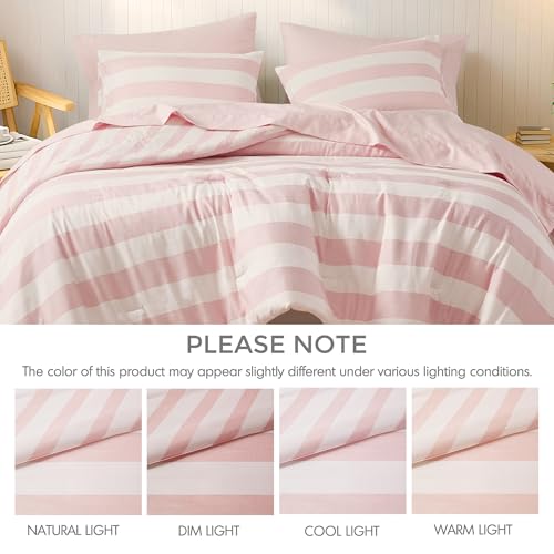 Reversible Striped Twin Comforter Set-Bed in A Bag 5-Pieces Bedding Set with Double-sided Stripes Design-Warm & Cozy Bed Set Includes Twin Size Comforter, Sheets Set, Pillowcase and Sham, Blush Regency Heights