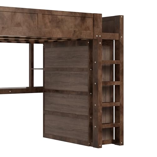 CKLMMC Wooden Queen Loft Bed with Desk, Headboard with Storage and USB, Space-Saving Modern Design for Small Rooms (Brown-Q1) CKLMMC