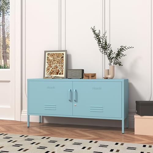Aiasuit Blue Lockable Metal TV Stand Entertainment Center, Heavy Duty Storage Cabinet Supports 80+ Inch TVs, Multifunctional Media Console for Home Living Room Office 22" H X 35.4" W X 13.8" D Aiasuit