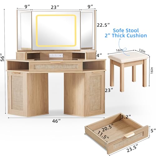 Lerliuo Corner Vanity Desk with 3 Way Mirror and Lights, 46'' Rattan Makeup Vanity with Glass Top Drawer, Natural Wood Make Up Storage Cabinets with Charger for Bedroom Lerliuo