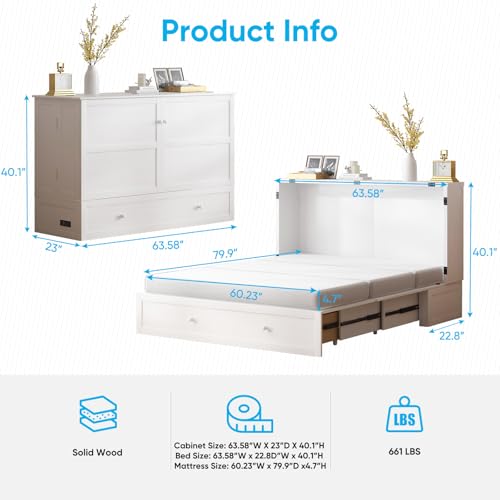 Mjkone Murphy Bed Cabinet with Built-in 3 Charging Station and 2 Storage Drawers, Solid Wood Cabinet Beds Queen Size with Mattress, Cube Chest Beds for Guest Room (White-Murphy Bed B)