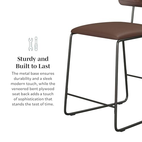 Walker Edison Modern 2-Piece Minimalist Counter Stools with Wooden Back, Set of 2, Brown Walker Edison