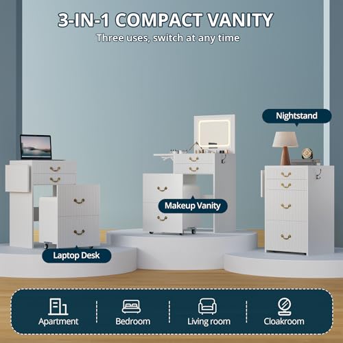 FURSUN 3-in-1 Vanity with Flip Mirror & Lights, Fluted Compact Vanity Table with 3 Drawers, Storage Compartment and Rolling Stool, Modern Small Makeup Vanity for Bedroom, Powder Room, Solid White FURSUN