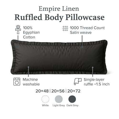 Empire Linen Ruffled Body Pillowcase | Cotton Satin Weave | Soft & Breathable with Hidden Zipper | Decorative Single Ruffle Cover | Dark Grey, 20x48 Empire Linens